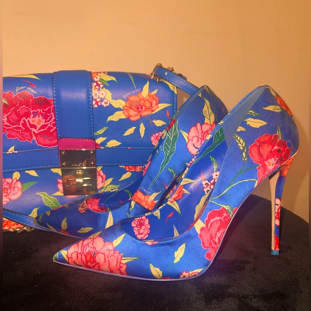Satin floral shoes.